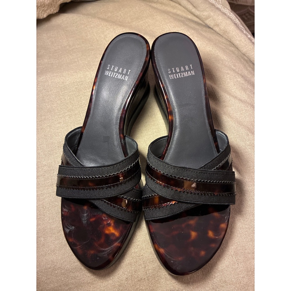 Stuart Weitzman Tortoise Patent Wedge Sandals Brown Black Slide 10.6